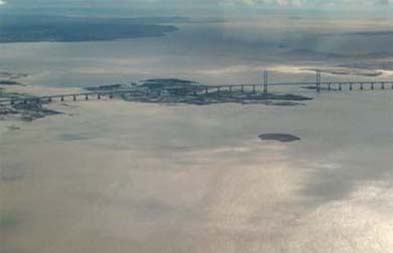 The Severn bridge crossing near the mouth of the River Severn